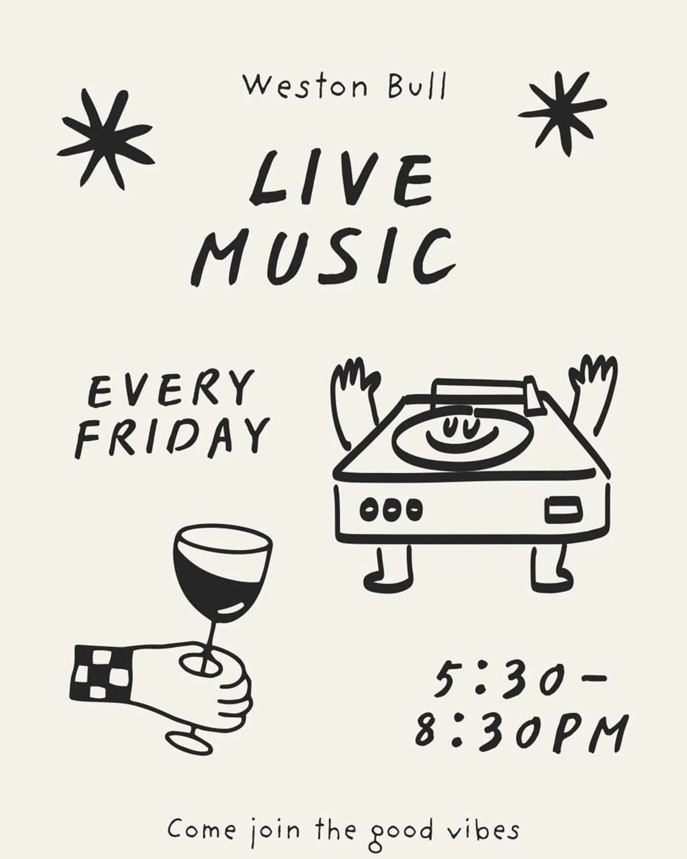 Flyer: live music every Friday at Weston Bull, 5:30 to 8:30pm