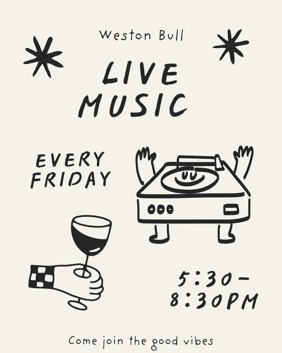Flyer: live music every Friday at Weston Bull, 5:30 to 8:30pm
