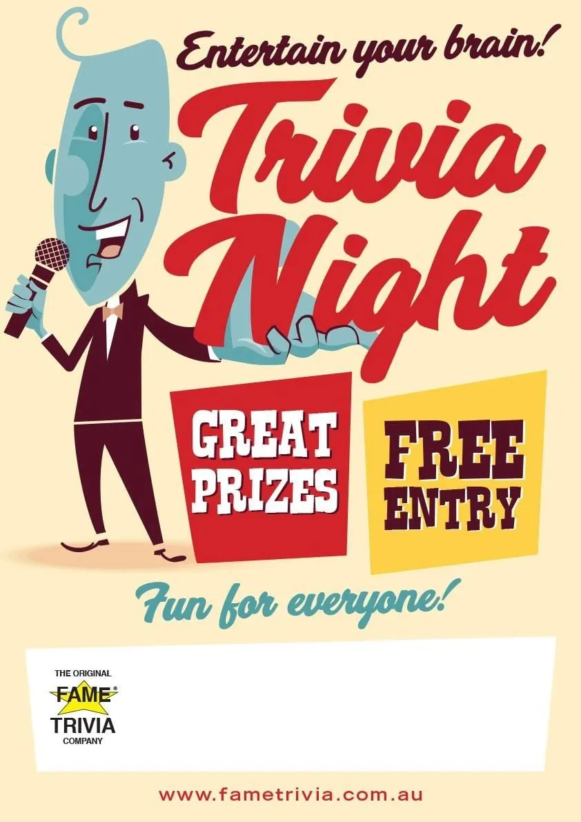 Fame Trivia flyer: trivia night, great prizes, free entry